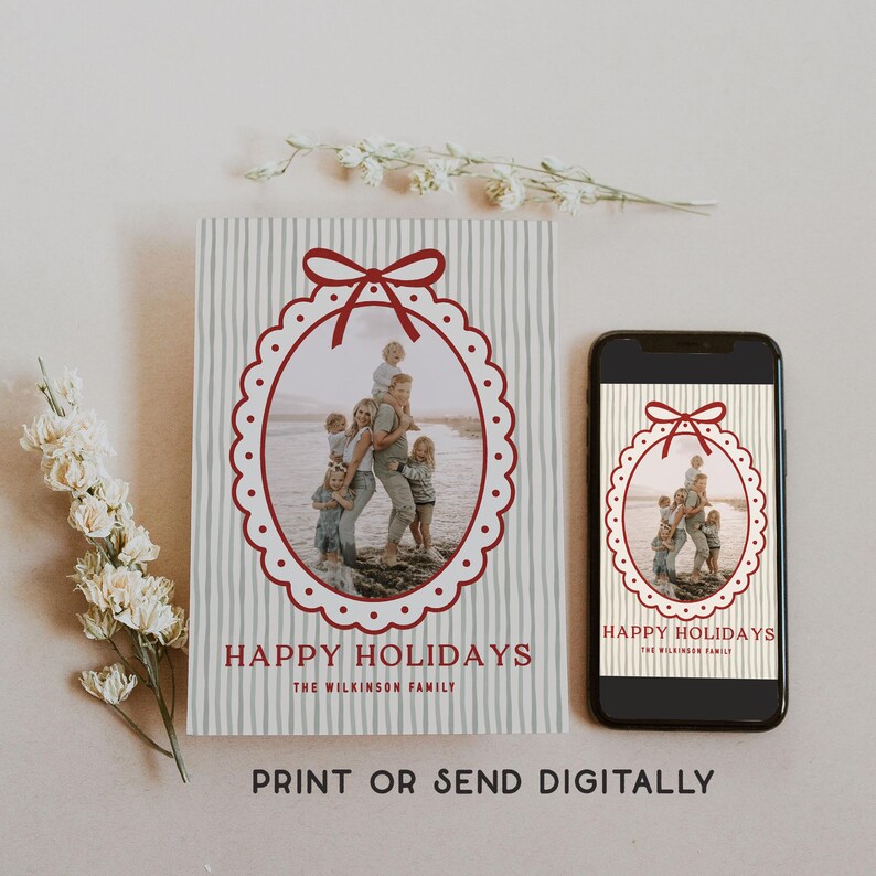 Scalloped Frame Holiday Photo Card Template | Christmas Bow Stripe Family Photo Card | Editable Canva Happy Holidays Template | Instant image 2