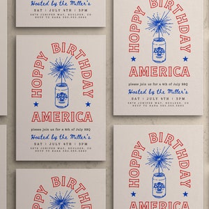 May include: A red, white, and blue invitation for a 4th of July BBQ. The invitation features a can of beer with a sparkler on top and the text "Hoppy Birthday America". The invitation is hosted by the Miller's and is on Saturday, July 4th at 3pm.