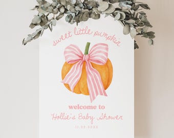 Preppy Pink Bow Little Pumpkin Welcome Sign Template: Pink Pumpkin Baby Shower Welcome Sign (Canva Template Digital Download 287