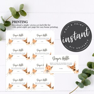 K&ouml;nnte beinhalten: Druckbare Windel-Tombola-Karten mit einer Fuchs- und Hirsch-Illustration. Die Karten zeigen "Windel-Tombola" und "Bringen Sie eine Packung Windeln in jeder Gr&ouml;&szlig;e mit, f&uuml;r Ihre Chance, einen Preis zu gewinnen".