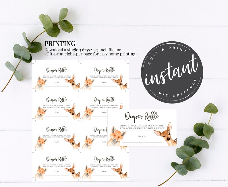 K&ouml;nnte beinhalten: Druckbare Windel-Tombola-Karten mit einer Fuchs- und Hirsch-Illustration. Die Karten zeigen "Windel-Tombola" und "Bringen Sie eine Packung Windeln in jeder Gr&ouml;&szlig;e mit, f&uuml;r Ihre Chance, einen Preis zu gewinnen".