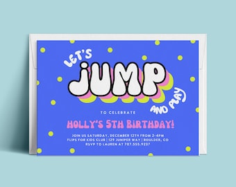 TRAMPOLINE BIRTHDAY INVITATION Girl Trampoline party Jump party Bounce castle Trampoline park Birthday party invite fun colorful