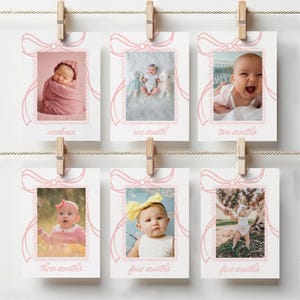 May include: A set of six baby milestone photo cards, each with a pink bow design and a photo of a baby. The cards are labeled "newborn," "one month," "two months," "three months," "four months," and "five months."