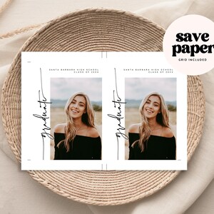 May include: Two graduation announcements with a photo of a smiling woman in a black off-the-shoulder top. The word "graduate" is written in cursive. The announcements are on a woven tray with the text "save paper" and "grid included".