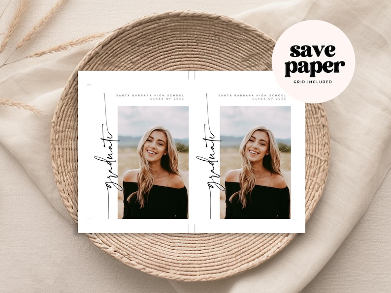 May include: Two graduation announcements with a photo of a smiling woman in a black off-the-shoulder top. The word "graduate" is written in cursive. The announcements are on a woven tray with the text "save paper" and "grid included".