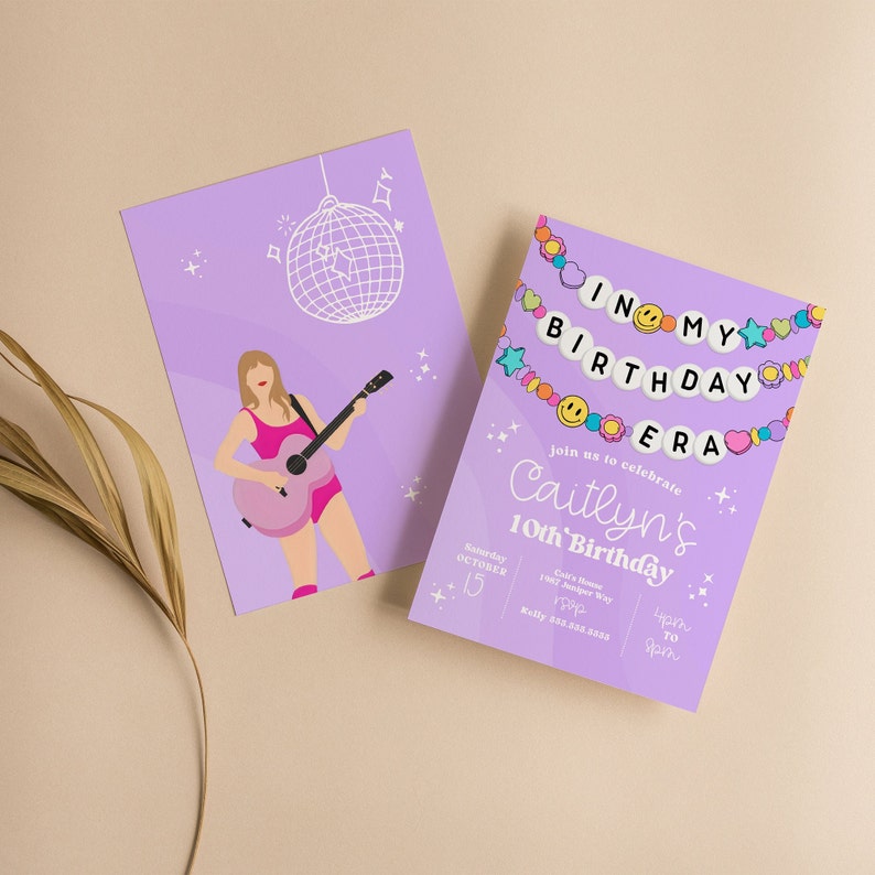 May include: Purple birthday party invitation with a disco ball and a cartoon illustration of a person playing a guitar. The text reads "In My Birthday Era" and "Caitlyn's 10th Birthday".