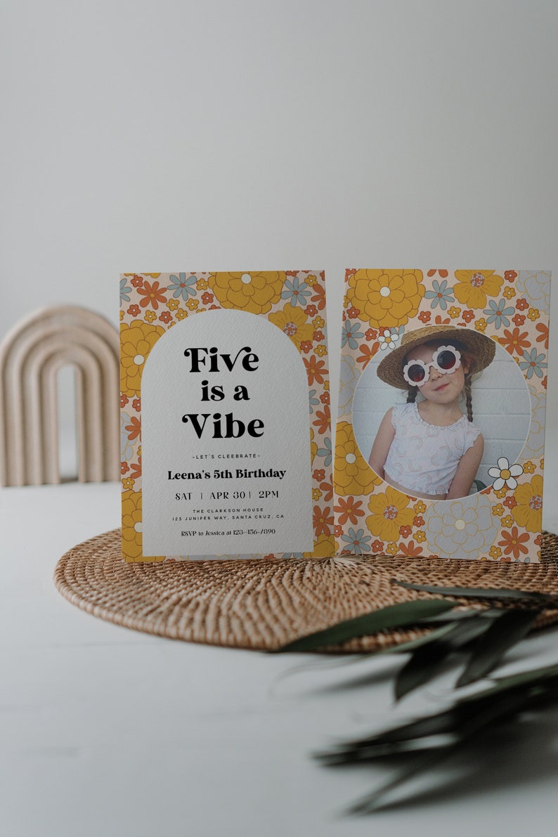 Five Is A Vibe Birthday Invitation Template, Groovy 5th Birthday Invite, Retro Boho Floral Girl Birthday Printable, Editable Template, 189 image 1