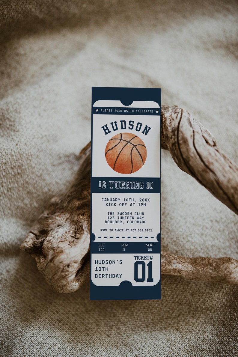 May include: A blue and white ticket invitation for a 10th birthday party. The ticket has a basketball graphic and the text "HUDSON IS TURNING 10". The event is scheduled for January 10th at 1 PM at The Swooosh Club, 123 Juniper Way, Boulder, Colorado. RSVP to Annie at 707.555.3902.