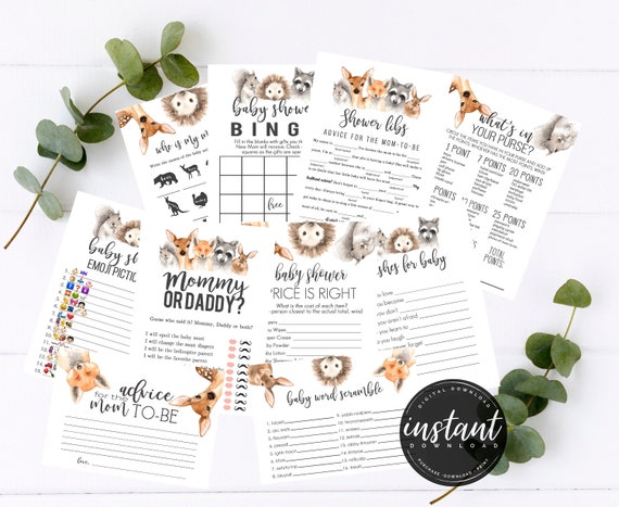 Woodland Baby Shower Games Bundle Woodland Animal Baby Shower
