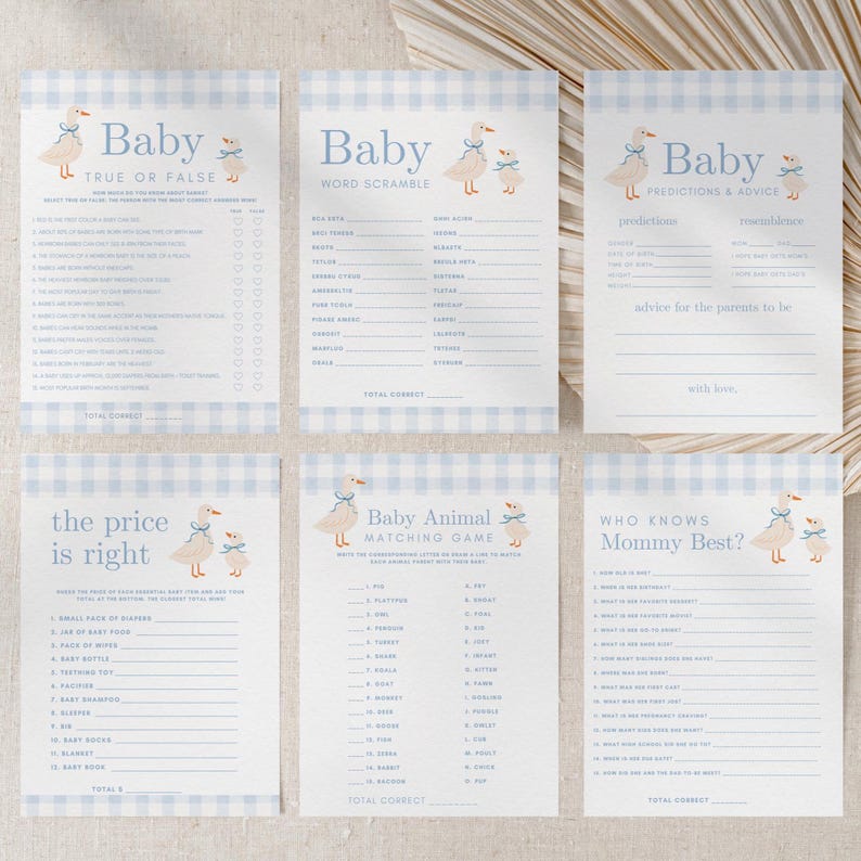 May include: A set of six baby shower game cards with a light blue gingham pattern. Each card features a duck illustration and various game titles like "True or False" and "Word Scramble".