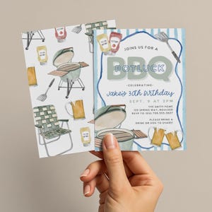 May include: A watercolour invitation for a BBQ potluck celebrating Jake's 30th birthday. The invitation features illustrations of a grill, condiments, beer mugs, and a folding chair. The text reads "Joins us for a BBQ Potluck".