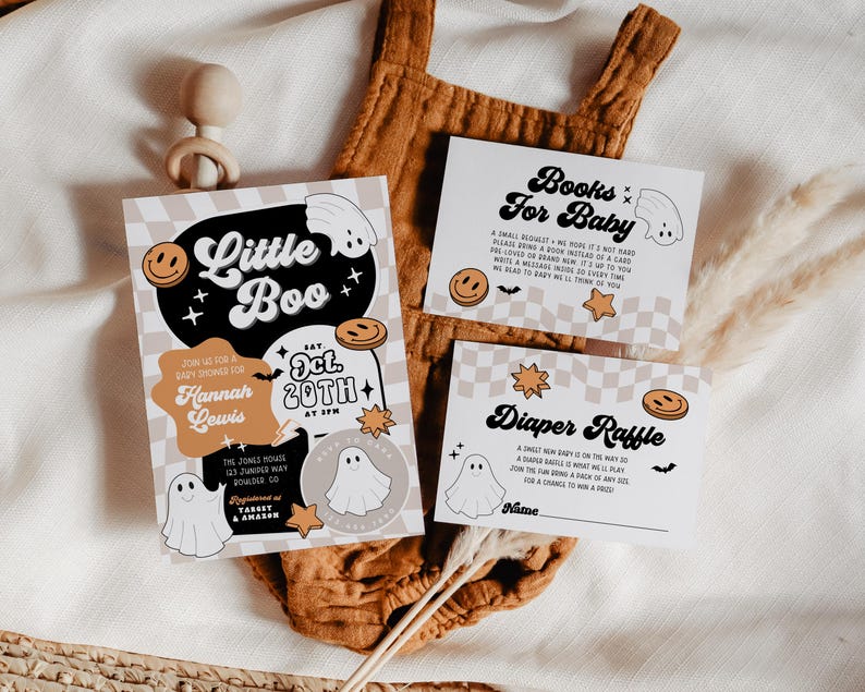 May include: A set of baby shower invitations and inserts with a Halloween theme. The main invitation features the text "Little Boo" with a ghost and smiley face. Inserts include "Books for Baby" and "Diaper Raffle" cards.