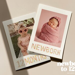 May include: Two polaroid-style photos featuring babies. One shows a baby in sunglasses, the other a swaddled newborn. Text on the photos reads "NEWBORN" and "12 MONTHS" in floral letters. The phrase "newborn to 12m" is also visible.