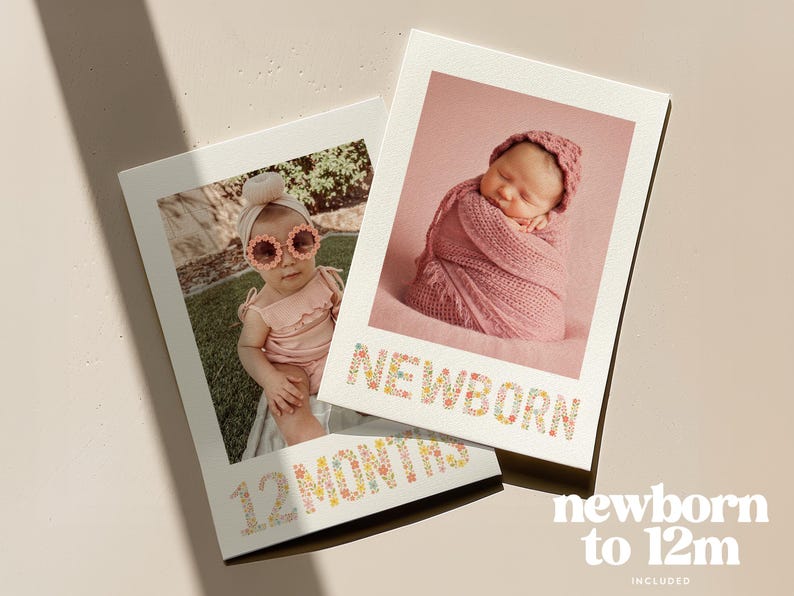 May include: Two polaroid-style photos featuring babies. One shows a baby in sunglasses, the other a swaddled newborn. Text on the photos reads "NEWBORN" and "12 MONTHS" in floral letters. The phrase "newborn to 12m" is also visible.
