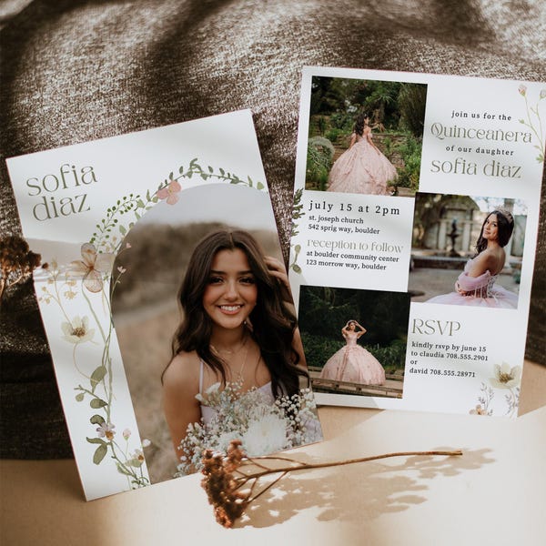 Wildflower Quinceañera Invitation, EDITABLE Wild Flowers Party Photo Invite, Mis Quince Anos, Floral 15th Birthday Girl Canva Template