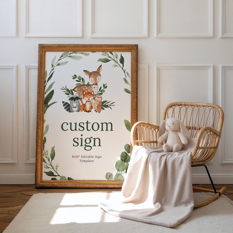 WOODLAND ANIMAL Baby Shower Editable Sign, custom sign, baby shower sign, Woodland Animals Baby Shower, Greenery Editable Printable sign 70 image 3