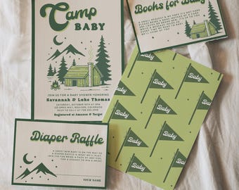 Camp Baby Shower Invitation Set | Rustic Cabin Baby Shower Invite with Book Request & Diaper Raffle Cards | Editable Canva Template 277