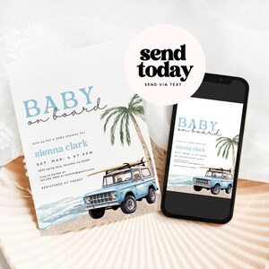 Puede incluir: Una invitaci&oacute;n de baby shower azul y blanca con una ilustraci&oacute;n de acuarela de un coche vintage azul con una tabla de surf en la parte superior. El texto de la invitaci&oacute;n dice "Baby on board" y "sienna clark".