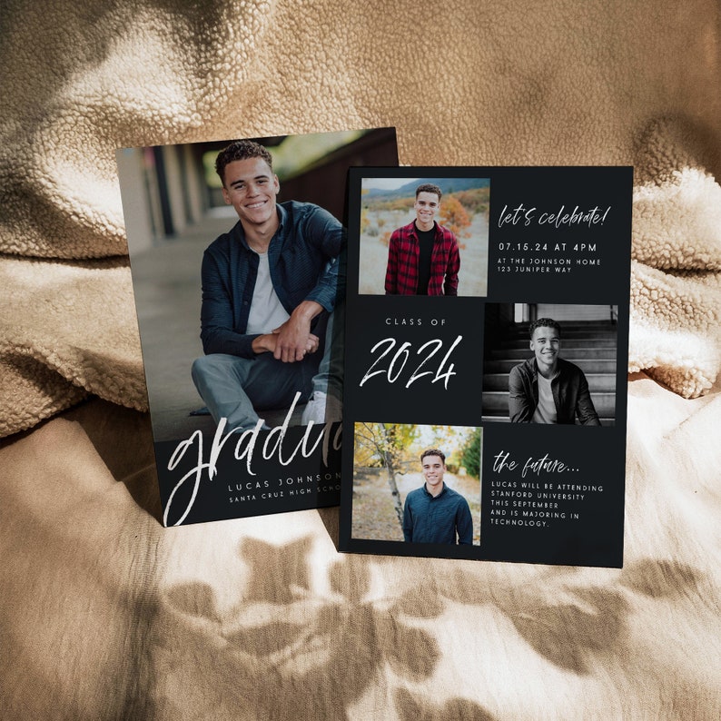 May include: A black and white graduation announcement with photos of a young man. The announcement includes the text "Class of 2024", "Let's Celebrate!" and "The Future..." with details about the graduation date, location, and the graduate's future plans.