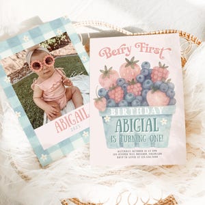 May include: Two custom invitations. One features a photo of a baby with the name "ABIGAIL" and the year "2025". The other says "Berry First Birthday" with a watercolor illustration of berries and the name "ABIGIAL".
