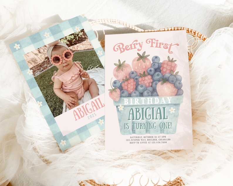 May include: Two custom invitations. One features a photo of a baby with the name "ABIGAIL" and the year "2025". The other says "Berry First Birthday" with a watercolor illustration of berries and the name "ABIGIAL".