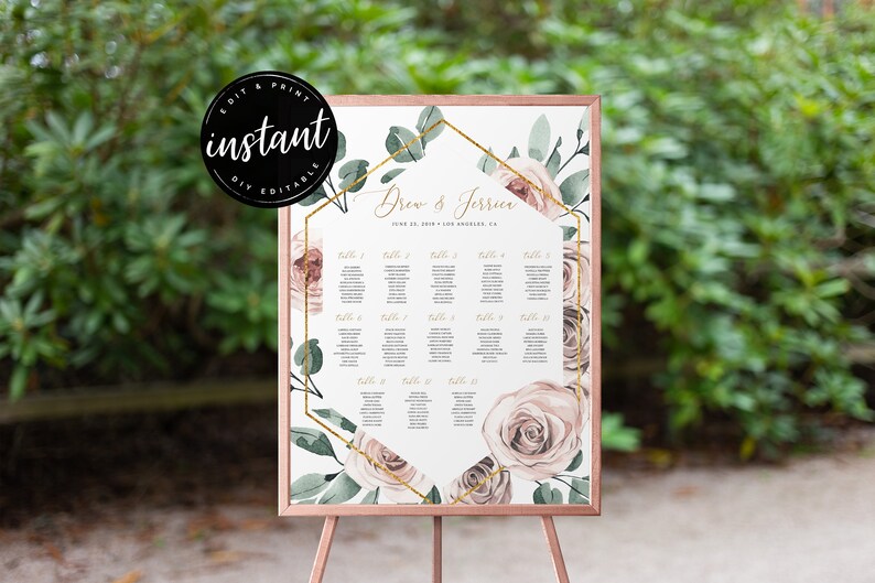 Boho Rose Wedding Seating Sign Editable Seating Chart Editable Sign Seating Sign SC-50 Boho Wedding Seating Chart Sign Printable