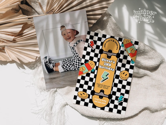 Skateboard Birthday Invitation, Boy Birthday Invite Skate Party Skateboard Retro Checker Smile Face Editable First birthday Invite Template