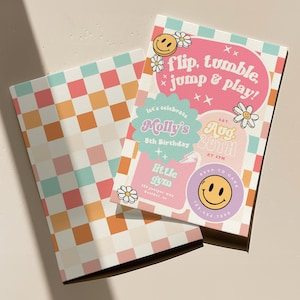 May include: Two invitation cards with a retro theme. One card features a pink background with the text "flip, tumble, jump & play!" and a smiley face. The other card has a checkered pattern in orange, pink, and teal.