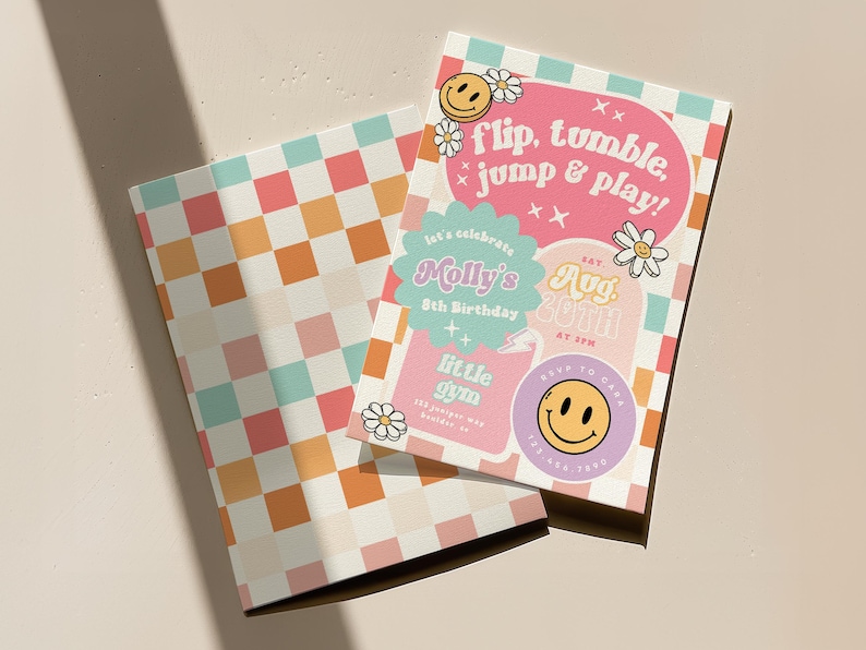 May include: Two invitation cards with a retro theme. One card features a pink background with the text "flip, tumble, jump & play!" and a smiley face. The other card has a checkered pattern in orange, pink, and teal.