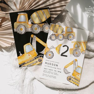 May include: Two construction-themed birthday invitations. One invitation features a black background with yellow construction vehicles. The other invitation has a white background with a number 2 and event details.
