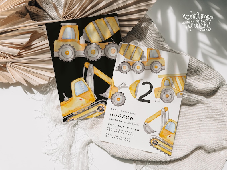 May include: Two construction-themed birthday invitations. One invitation features a black background with yellow construction vehicles. The other invitation has a white background with a number 2 and event details.