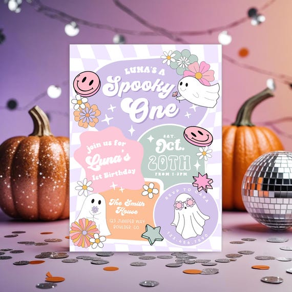 Pastel Spooky One Birthday Invitation, Girl First Birthday Invite, Retro Ghost Halloween Birthday Invite, Editable Canva Template Evite Luna