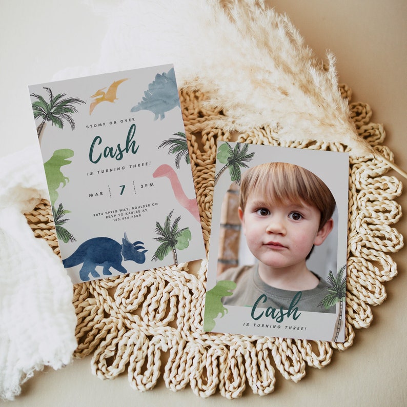 Watercolor Dinosaur Birthday Invitation Modern Dinosaur Boy Birthday Invite Jurassic Party Editable Digital Canva Template INSTANT DOWNLOAD image 1