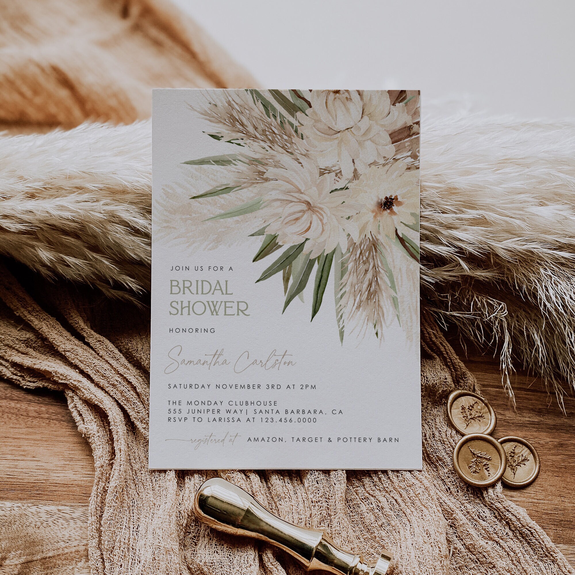Boho Bridal Shower Invitation Pampas Grass Bridal Shower Bohemian Invitation printable bridal shower invitation Editable