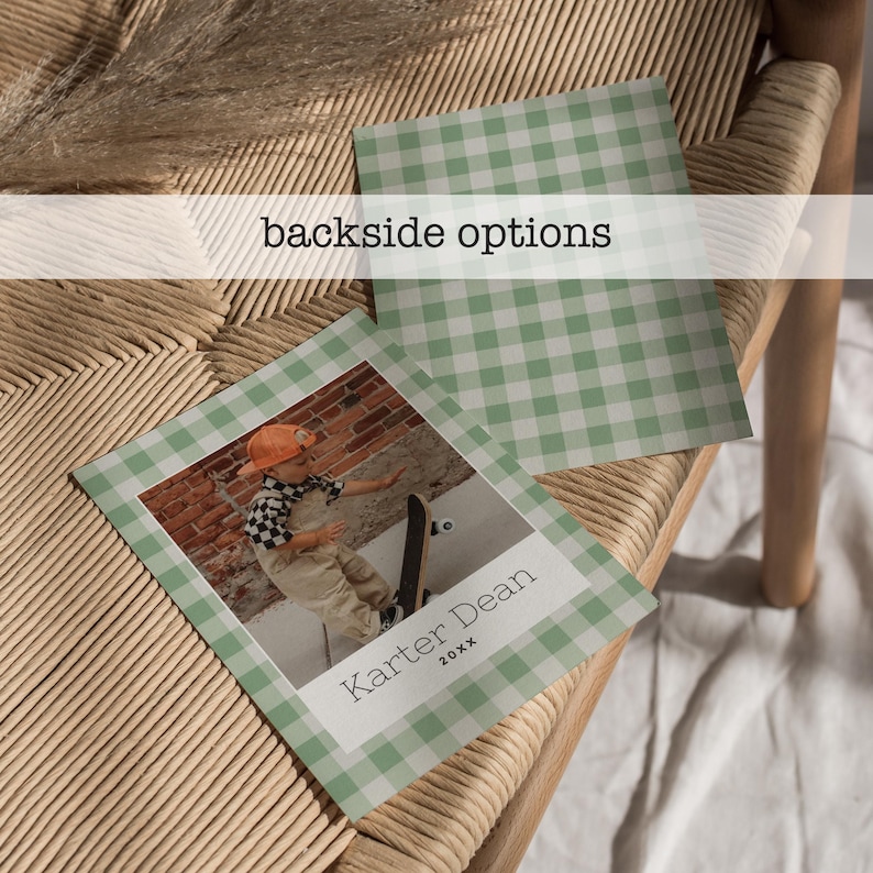 May include: Two square cards with a green and white gingham border. One card features a photo of a child with a skateboard, the text "Karter Dean" and "20XX". The other card has a gingham pattern. The text "backside options" is above the cards.