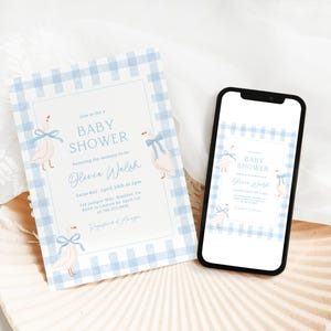 May include: Blue and white gingham baby shower invitation with a white duck illustration and the text "Join us for a Baby Shower Honoring the mommy-to-be Olivia Walsh Saturday, April 16th at 2pm 124 Dempsey Way, Brandon, Co RSVP to Lauren by April 1st at (555) 555-5555  Regrets Only"