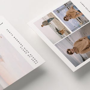 May include: Graduation announcement cards featuring a young person in a tan hoodie and jeans. The cards include the text "Santa Barbara High School Class of 20XX" and "Hunter Morrison" with party details. The design incorporates multiple photos.