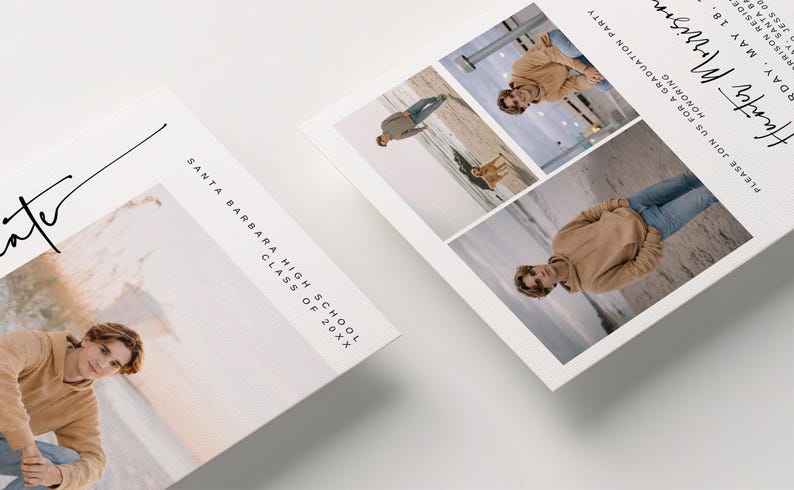May include: Graduation announcement cards featuring a young person in a tan hoodie and jeans. The cards include the text "Santa Barbara High School Class of 20XX" and "Hunter Morrison" with party details. The design incorporates multiple photos.