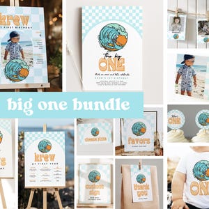 Big ONE Birthday Invitation Boy First Birthday Skeleton Surf Retro Birthday Editable Digital Template Instant Download Surf Bday Canva