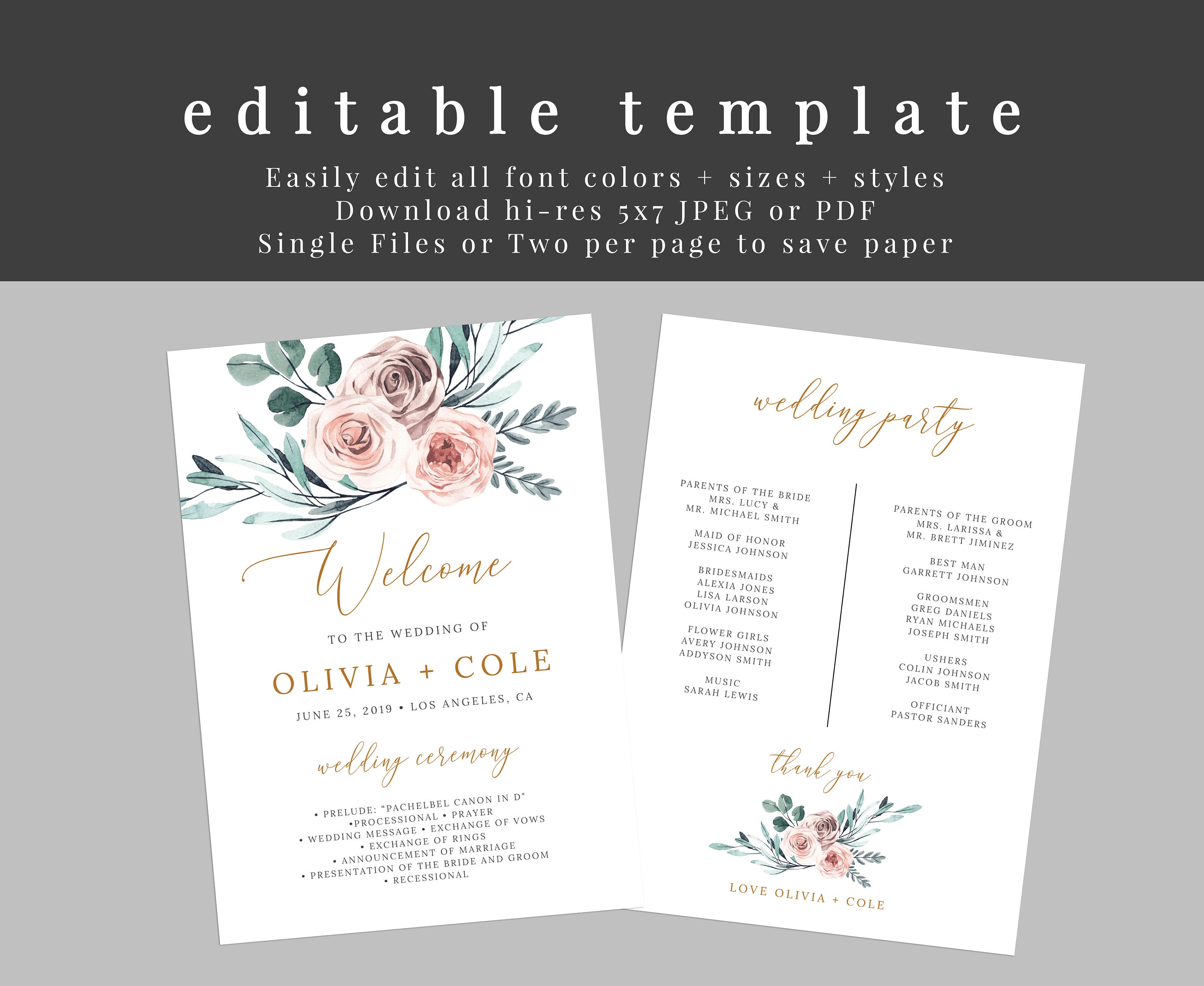 Editable Wedding Program Boho Rose Wedding Program Boho Gold | Etsy