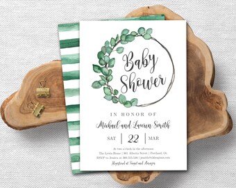 Baby Shower invitation, Greenery Baby Shower Invitation, Baby shower, printable invitation, instant download invitation, template, AI-15