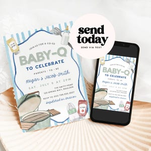 May include: Baby-Q invitation with a watercolor design. The invitation features text that reads "Baby-Q to Celebrate" and includes details for the event. A smartphone displays the same invitation. The image also includes the text "send today".