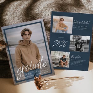May include: Two navy blue graduation announcements. One features a photo of a graduate with the word "graduate" in script. The other has photos, the text "Let's celebrate!" and "Class of 2026".