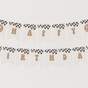May include: A black and white chequered birthday banner with gold letters that spell "Happy Birthday". The letters have a retro, groovy style and each flag has a small gold star.