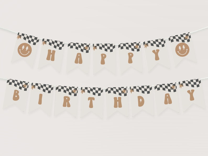 May include: A black and white chequered birthday banner with gold letters that spell "Happy Birthday". The letters have a retro, groovy style and each flag has a small gold star.