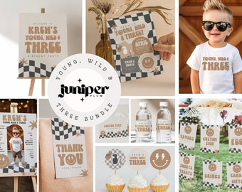 Young Wild Three Birthday Invitation Bundle, Party Package Templates, 3rd Birthday, Boy, Smile Theme Set, Digital Download, Canva 58
