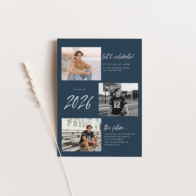 May include: Navy blue graduation announcement with three photos and white text. The text includes "let's celebrate!", "Class of 2026", and "the future..." with details about the graduate's future plans.