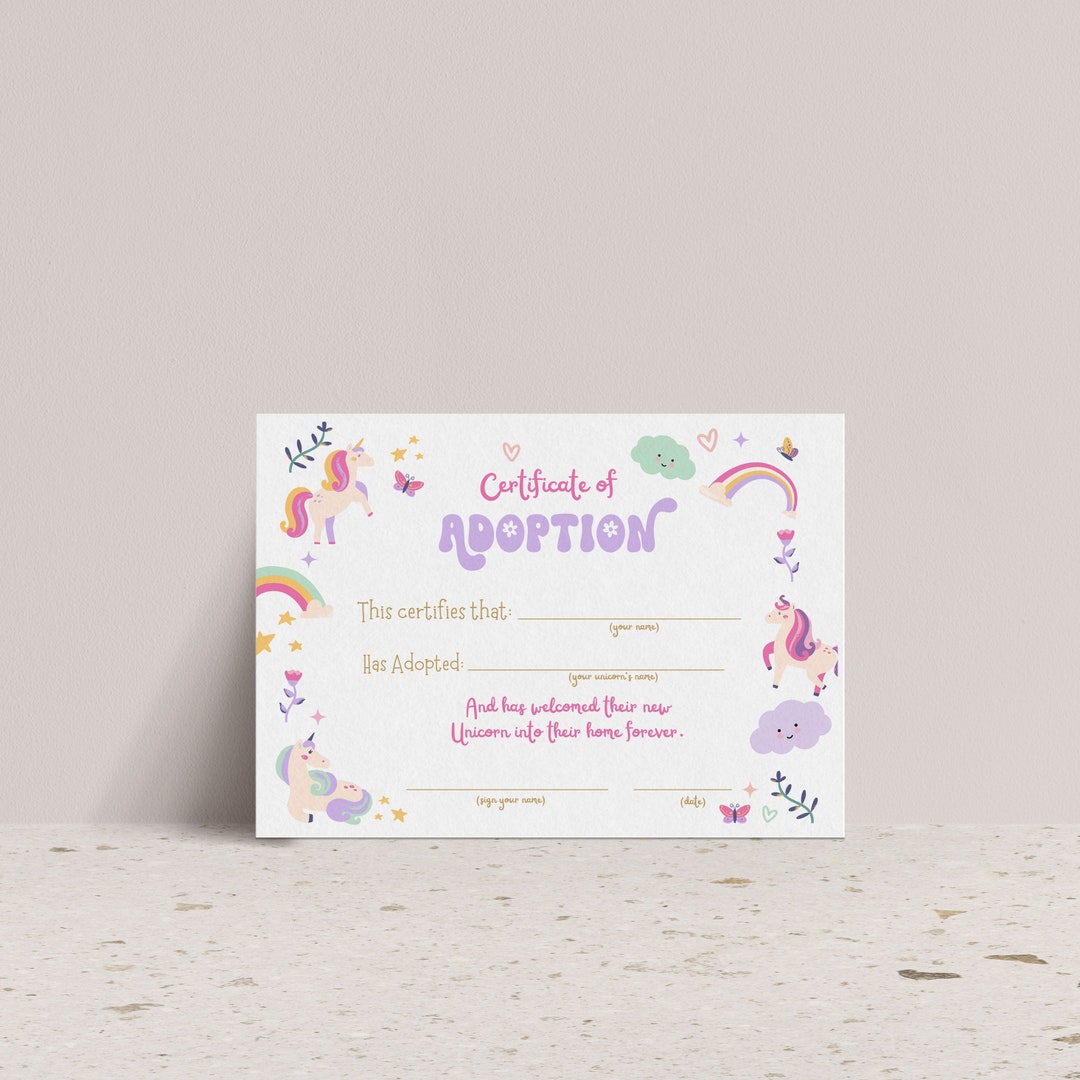 Editable Unicorn Birthday Adoption Certificate Magical Party Girl Pink ...
