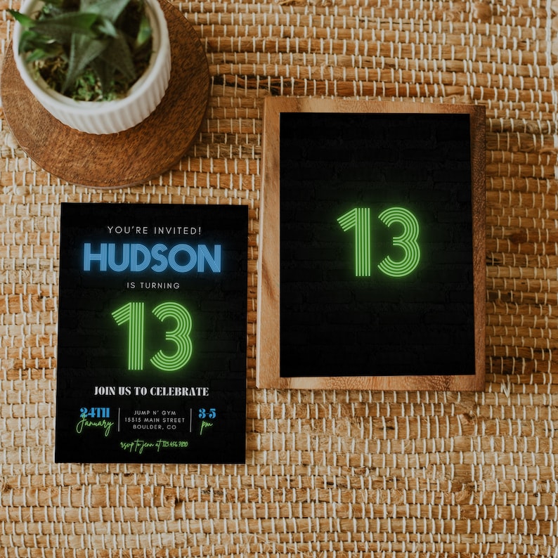 May include: Two black party invitations with neon green and blue text. One invitation reads "YOU'RE INVITED! HUDSON IS TURNING 13" and includes event details. The other invitation displays the number "13". Both are set against a brick wall background.