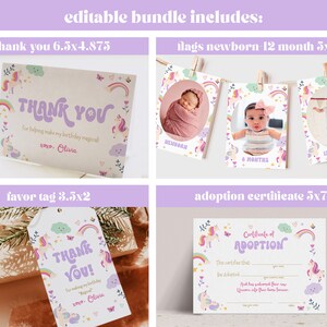 Puede incluir: Un paquete imprimible de decoraciones para fiestas de cumplea&ntilde;os y adopci&oacute;n con tem&aacute;tica de unicornio. El paquete incluye una tarjeta de agradecimiento, una etiqueta de favor, un certificado de adopci&oacute;n y un conjunto de banderas para el primer a&ntilde;o de un beb&eacute;.